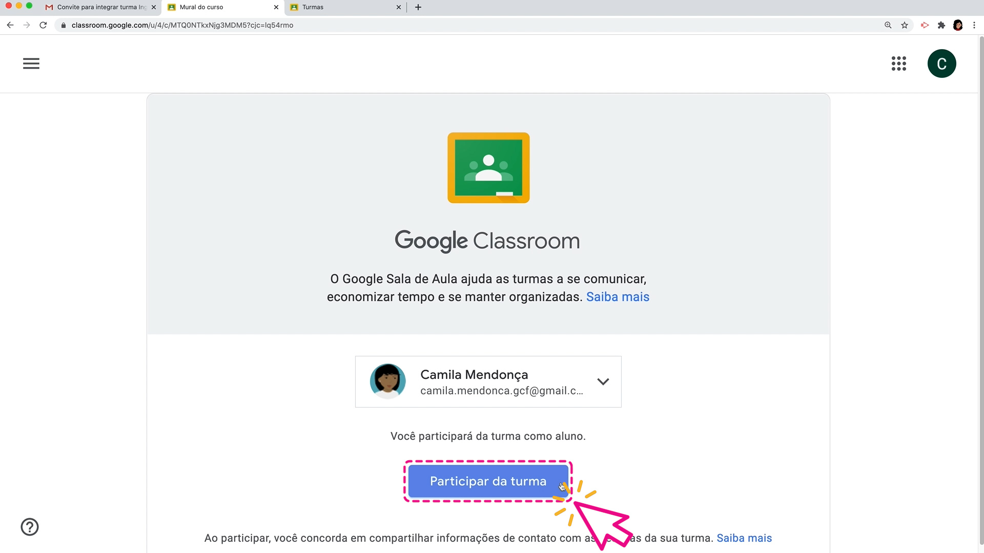 Como aceitar um convite para usar o Google Sala de Aula: participar da turma